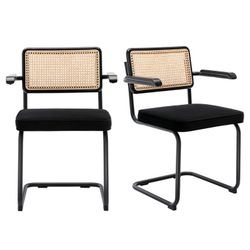 Mid-Century Modern Rattan Dining Chairs Set of 2, Velvet Upholstered Kitchen Arm Chair with Cane Back and Matte Black Metal Legs, Black
