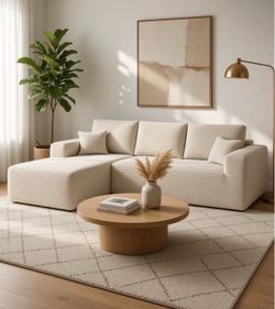 105" L Shaped Modular Sectional Sofa, Deep Seat Boneless Couch Corduroy Beige Sofa with Left Facing Chaise & Side Pockets, No Assembly Required