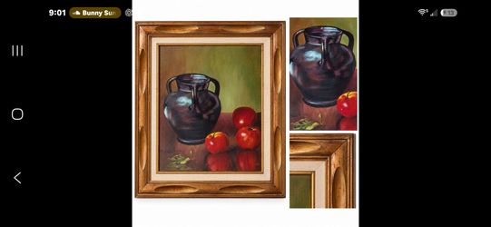 Signed Apple & Pottery Vase Still Life Painting – Carved Gold Frame