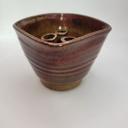 Studio Art Pottery Ikebana Brown Vase 3 Flower Tubes Floral Frog Signed John J