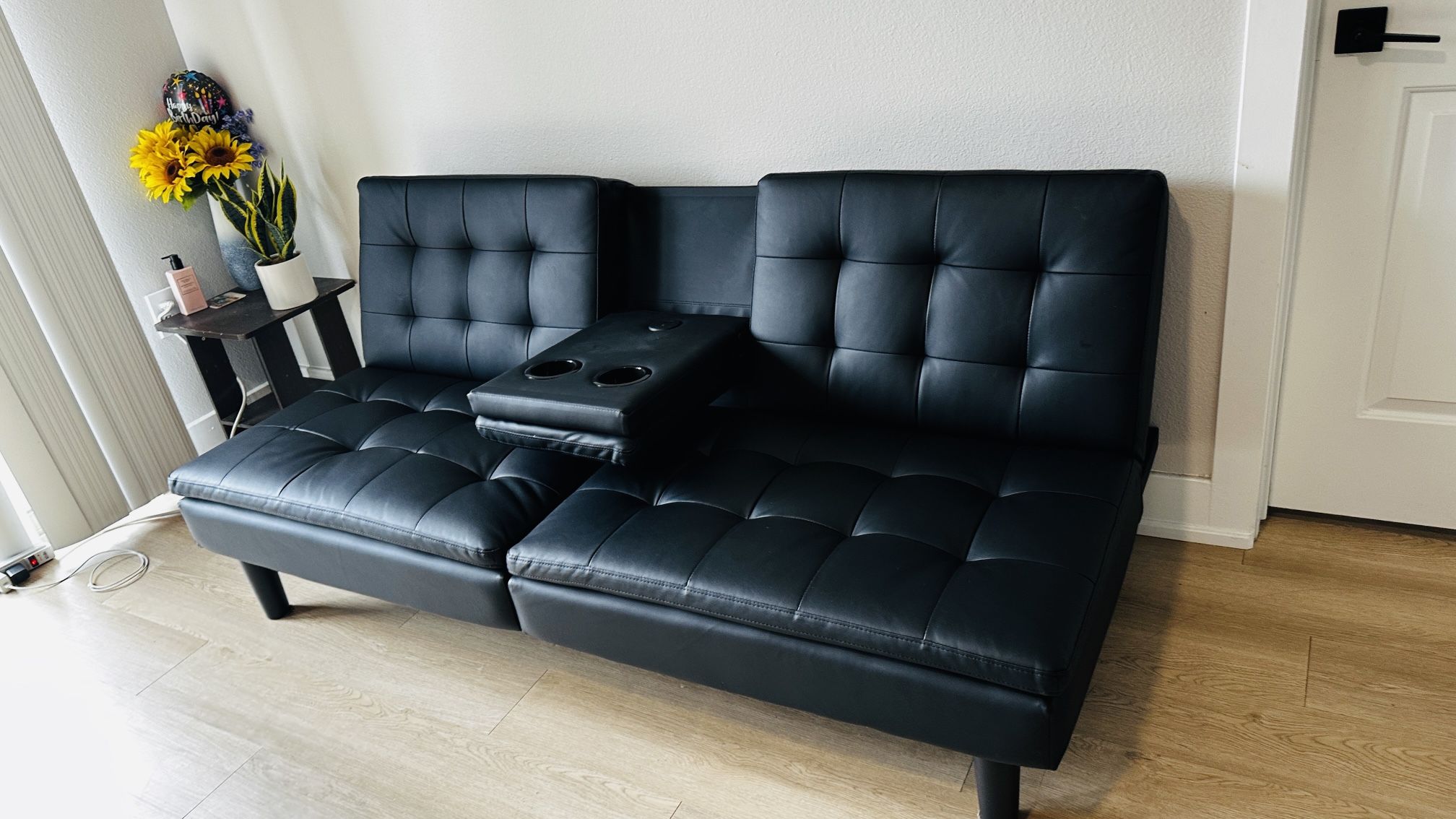 Memory Foam Futon With Cup holder And USB, Black Faux Leather