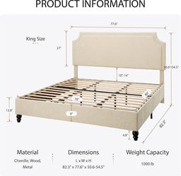 King Chenille Upholstered Platform Bed Frame, Beige 50.6"-54.5" Tall Adjustable Minimalist Chenille Headboard, Strong Support, Noise-Free, No Box Spri