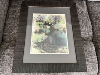 Framed artwork of Long Grove Bridge from many years ago