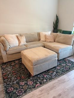 Cream Soft Corduroy Modular Sectional Sofa with Ottoman