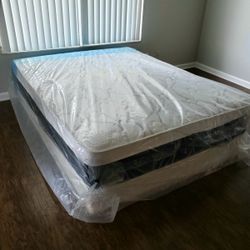 NEW QUEEN PILLOW TOP MATTRESS and BOX SPRING. Bed frame not included 👍