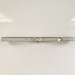 NWOT Women’s Michael Kors White Monogram Logo Leather Thin Belt Gold Hardware