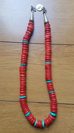 RED CORALL AND TURQUOISE BEADS WITH SOLID STERLING CLASP 25.5 INCHES