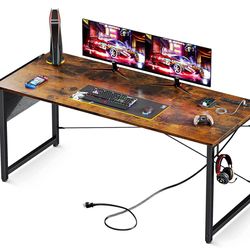 63 Inch Vintage Computer Desk with Power Outlets – Home Office Student Workstation