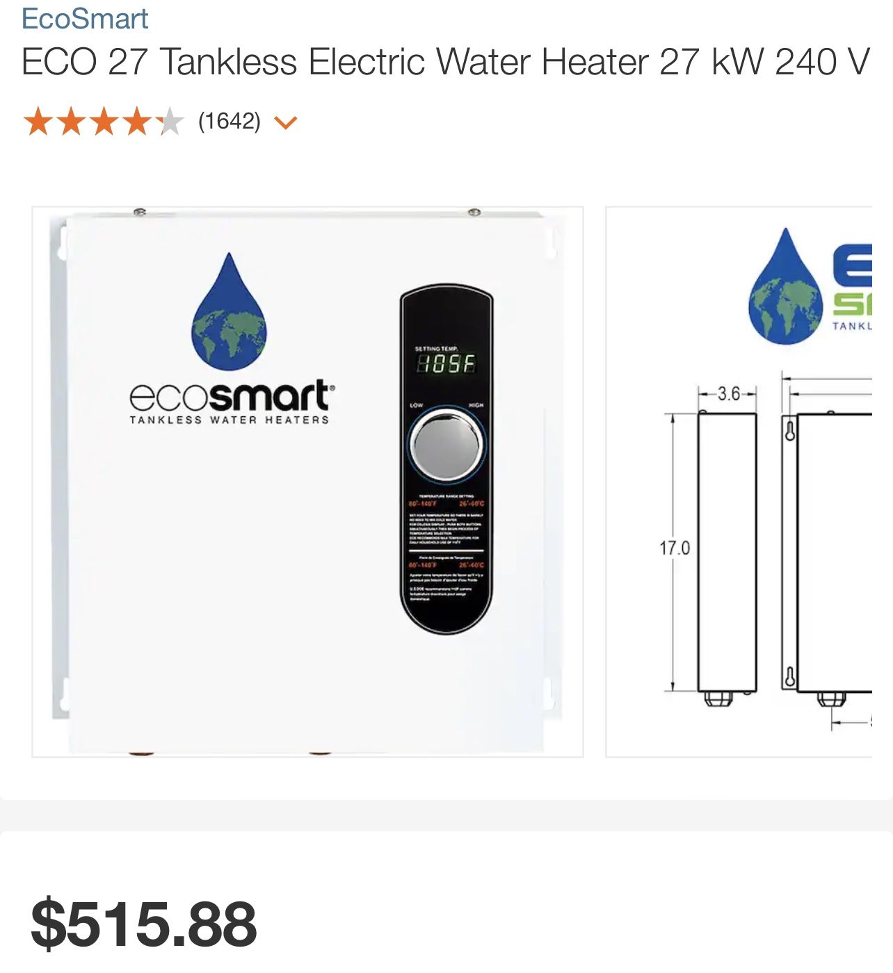 Ecosmart Electric Tankless Water Heater 27kw 240V
