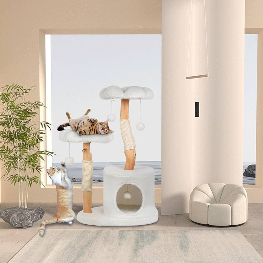 Cute Cat Tree Tower for Indoor Cats Adult, Wood Flower Cat Trees with 6 Pompoms, Modern Cat Tree Tower with Scratching Post, Aesthetic Luxury Cat Cond