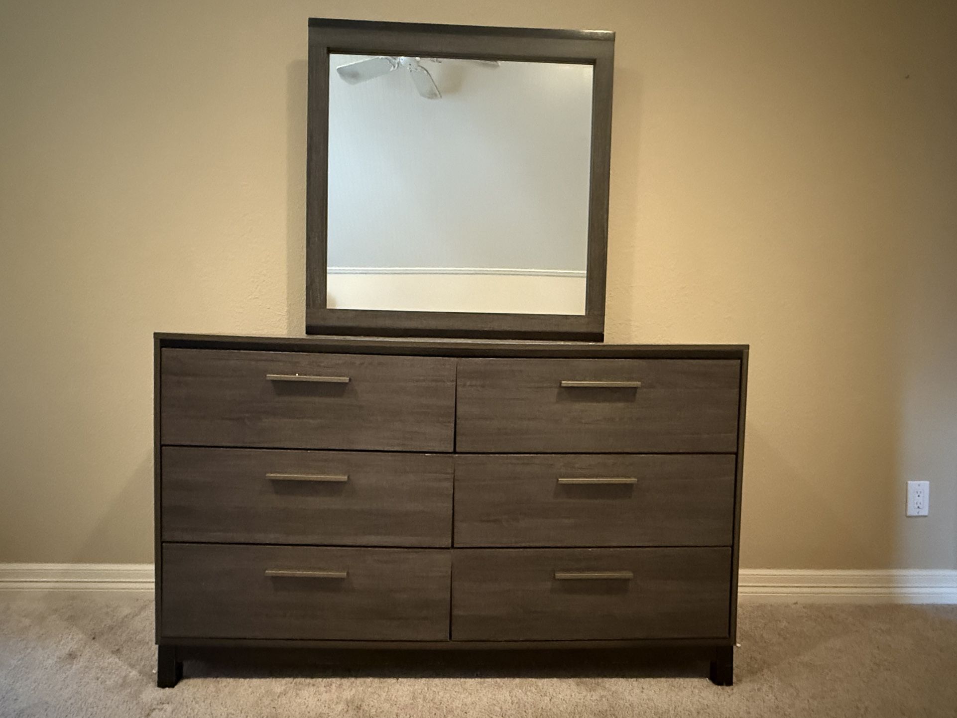 Wide Six-Drawer Dresser with Matching Mirror