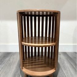 Wood Slat Round End Table with Shelves | New