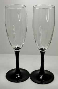 Pair of Vintage 8" Luminarc Domino Black Stem Onyx Champagne Flute Glasses