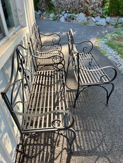Matching Set of 3 Decorative Wrought Iron Patio Benches