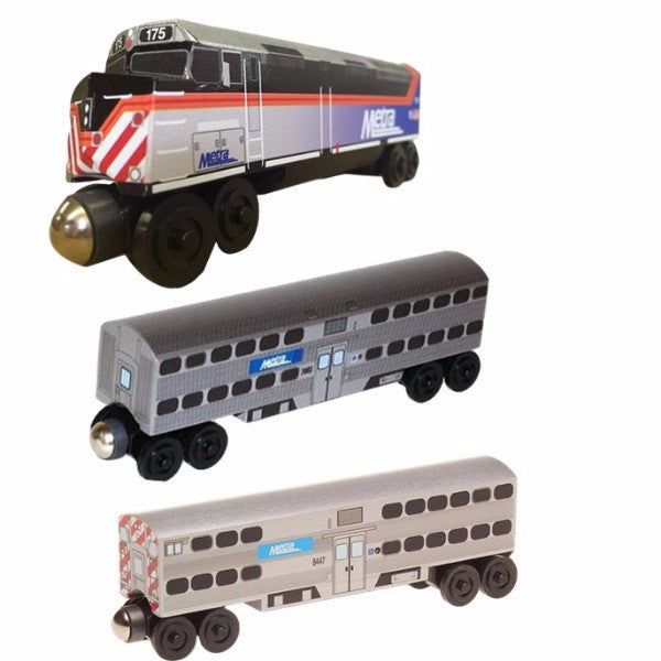 wooden chicago metra train with f40ph locomotive and 2 coaches
