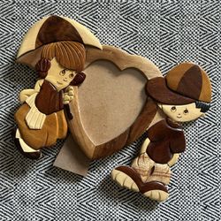 Vintage Precious Moments Boy/Girl Wood Carved Heart Frame