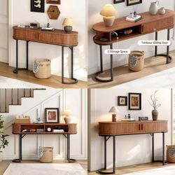 55 Inch Console Table with Sliding Door and 2 Drawers, Entryway Sofa Table with Metal Legs, Long Behind Couch Storage Furniture