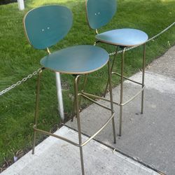 Modern Pine Green Wood & Metal Bucket Seat 4-Leg Bar Stools 