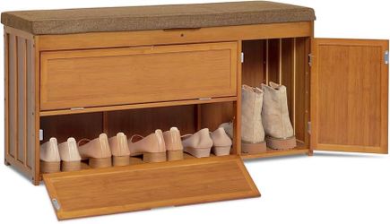 V94 $60  Bamboo Shoe Bench Entryway with Storage 2 Tier Shoe Rack Organizer Changing Stool Bench with Flip up Doors for Hallway Living Room, Brown  Ma