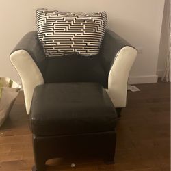 Black And White Leather Chair With Velvet Seats and Ottoman