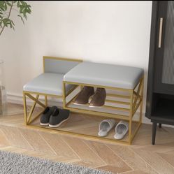 Modern PU Leather Upholstered Entryway Bench Gray With Gold Legs  