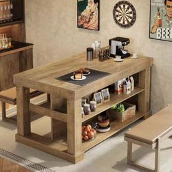 JW1105AB Kitchen Island with 3 Shelves, 55 Inches Width Kitchen Shelf with Large Worktop, Stable Wooden Structure, Farmhouse Style, Easy to Assemble, 