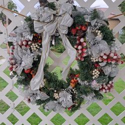 Large 21" Christmas Pine Wreath w/ White Glitter Ribbons.