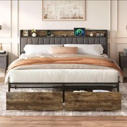 King Size Bed Frame, Storage Headboard with Charging Station and 2 Storage Drawers,Vintage Brown and Gray