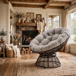 Outdoor Papasan Swivel Chair with Gray Cushion