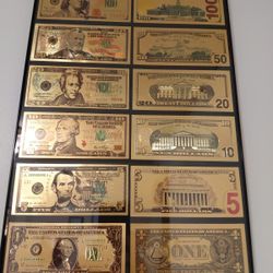 6 Different U.S . Currency Bills w/Gold Leaf Coating 