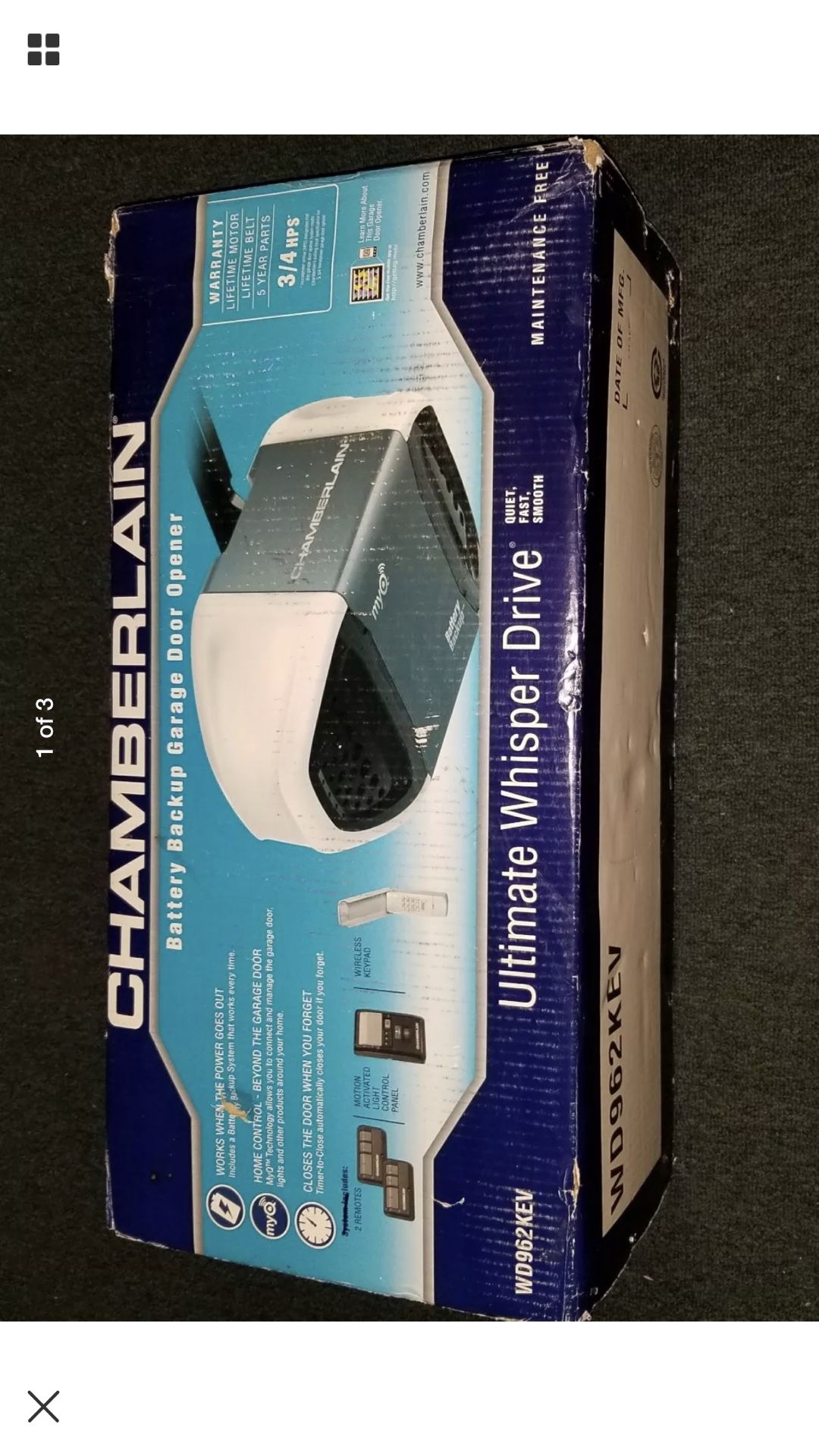 Chamberlain B730/WD962 Garage Door Opener Ultra-Quiet Belt Drive, 3/4 HPS with Battery Backup