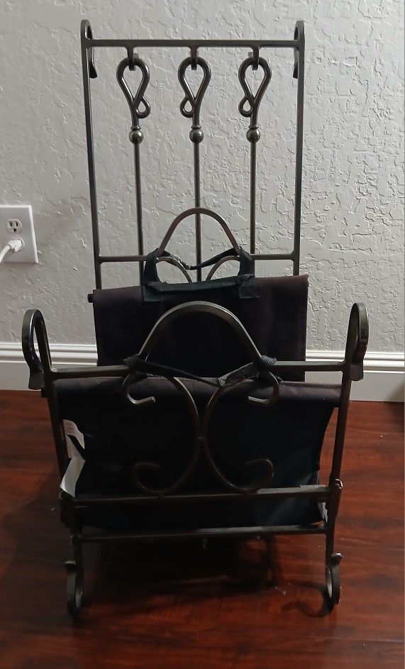 Wrought Iron Fireplace Tool Set with Log Rack and Canvas Log Carrier
