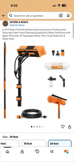 5-24 ft Water Fed Pole Window Cleaning System // Professional Telescopic Solar Panel Cleaning Equipment // Water Fed Brush with Upper Rinse Bar, 10" S