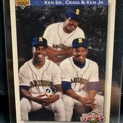 1992 Upper Deck Bloodlines baseball card featuring Ken Griffey Sr., Ken Griffey Jr., and Craig Griffey