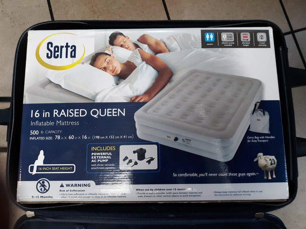 NEW! Serta 16" Raised Queen Sized Airmattress w/Elec. AirPump Incl. in Box NEW!