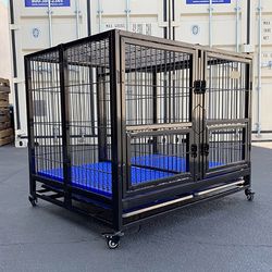 (NEW) $165 Folding Heavy Duty Dog Cage 41x31x34” Double-Door Stackable Kennel w/ Divider, Plastic Tray 