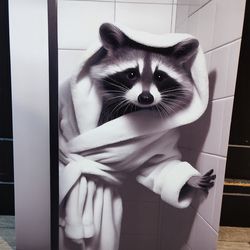 Black and White Bathroom Wall Decor Raccoon with Bathrobe Canvas Wall Art Toilet Animal Pictures Decor Art Bathroom Sign Artworks for Home