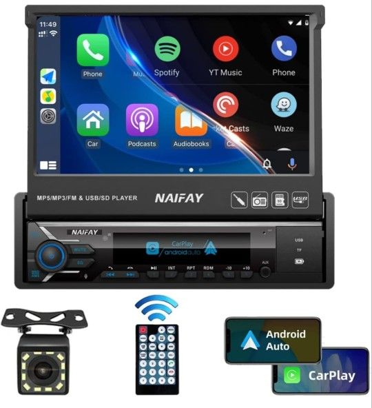 Naifay Single Din Touchscreen Car Stereo with Carplay & Android Auto, 7inch Flip Out Screen Car Stereo with Bluetooth Car Audio Receivers, Backup Came
