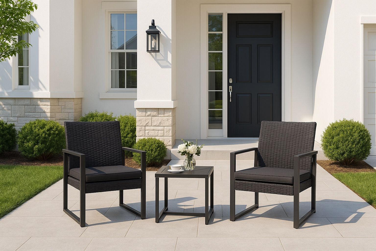 New 3-Pieces Modern PE Rattan Chair Patio Furniture Conversation Sets Patio Set Bistro Set for House Porch Garden Backyard Outdoor   New in box T LCRC