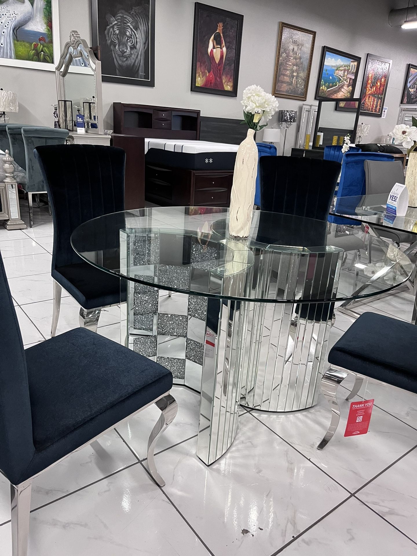 5pc Mirrored Dining Set 🖤 Black Velvet Chairs