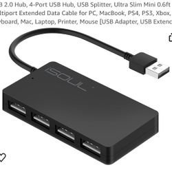 USB 2.0 Hub, 4-Port USB Hub, USB Splitter, Ultra Slim Mini 0.6ft Multiport Extended Data Cable for PC, MacBook, PS4, PS3, Xbox, Keyboard, Mac, Laptop,