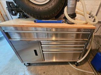 Husky 52 in. W 5-Drawer 1-Door, Deep Tool Chest Mobile Workbench in Stainless Steel with Hardwood Top, Silver