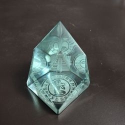 Awesome Etched Aqua Colored Glass Mayan 3D Pyramid Paperweight With Mayan Calendar 3.25"H X 3"W Collectible 