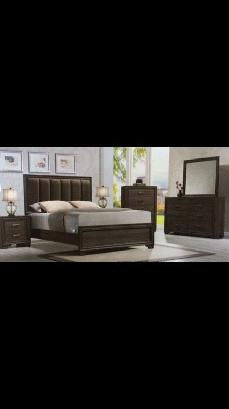 Queen set bed frame with dresser mirror and 1 nightstand