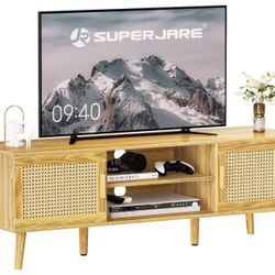 SUPERJARE Boho TV Stand For 55 Inch TV, Rattan TV Console With Adjustable Shelf, 2 PE Rattan Cabinet, Entertainment Center, Media Console, Solid Wood 