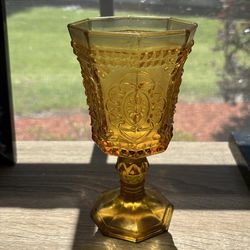 Set of Six Vintage Amber Pressed Glass Goblets Retro Baroque style