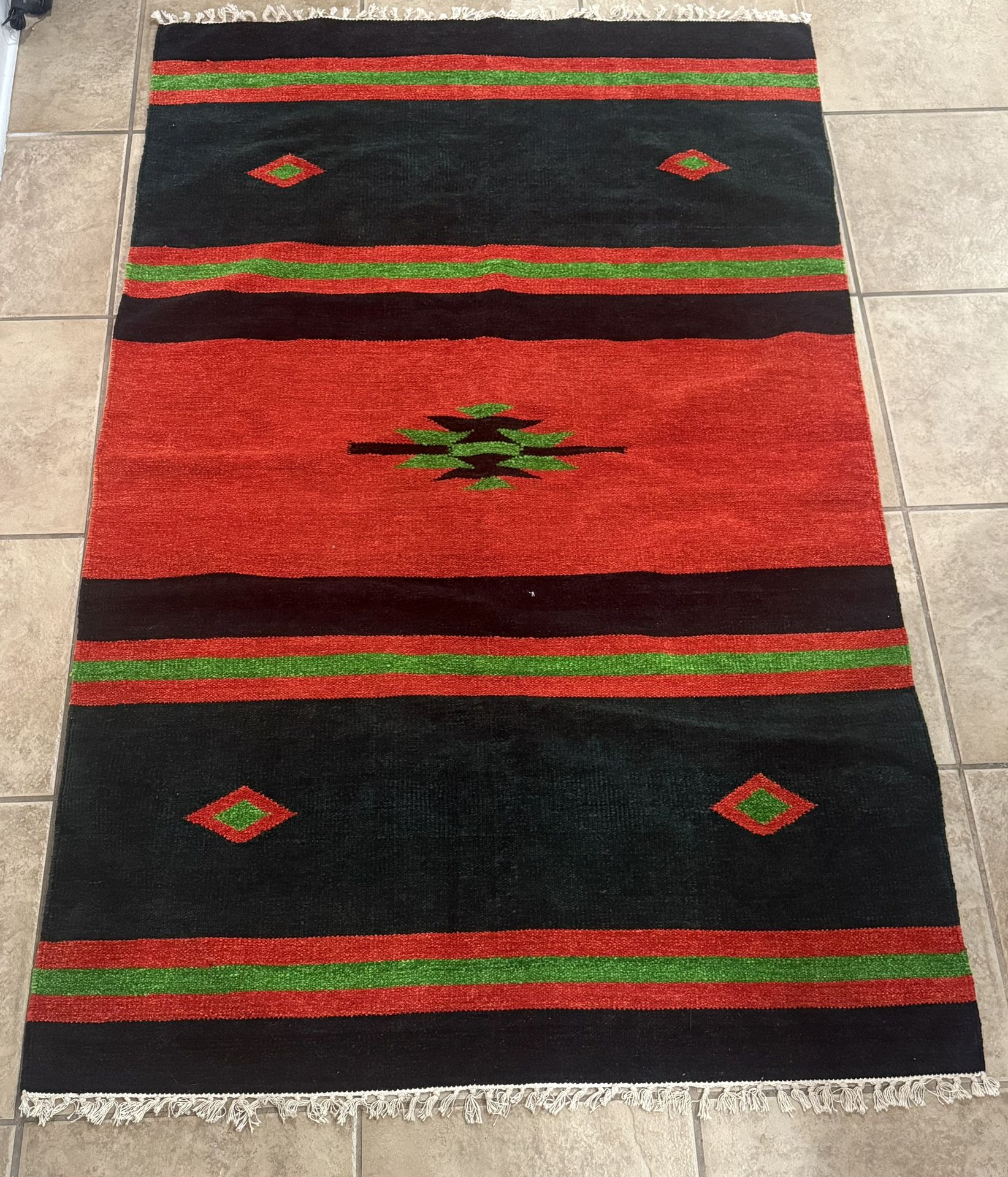 Vibrant Turkish Moroccan Green Red Green, black Patterned Rug.