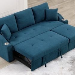 2pcs Sectional Sofa w/pullout chaise,cupholders & pulloutbed