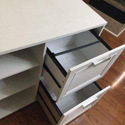 TWO DRAWER 2 SHELVE WHITE FILE CABINET LIKE NEW CONDITION…RETAILS AT 239.95 PLUS TAX…HEAVY…QUALITY ITEM….PRICE IS FIRM
