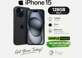 Apple iPhone 15 - 128 GB - With 1 Months (Simple Mobile Unlimited Plan Active)